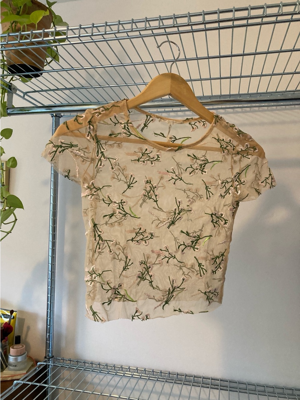 Urban Outfitters Sheer Embroidered Floral Crop Top - Pink, Cream & Green